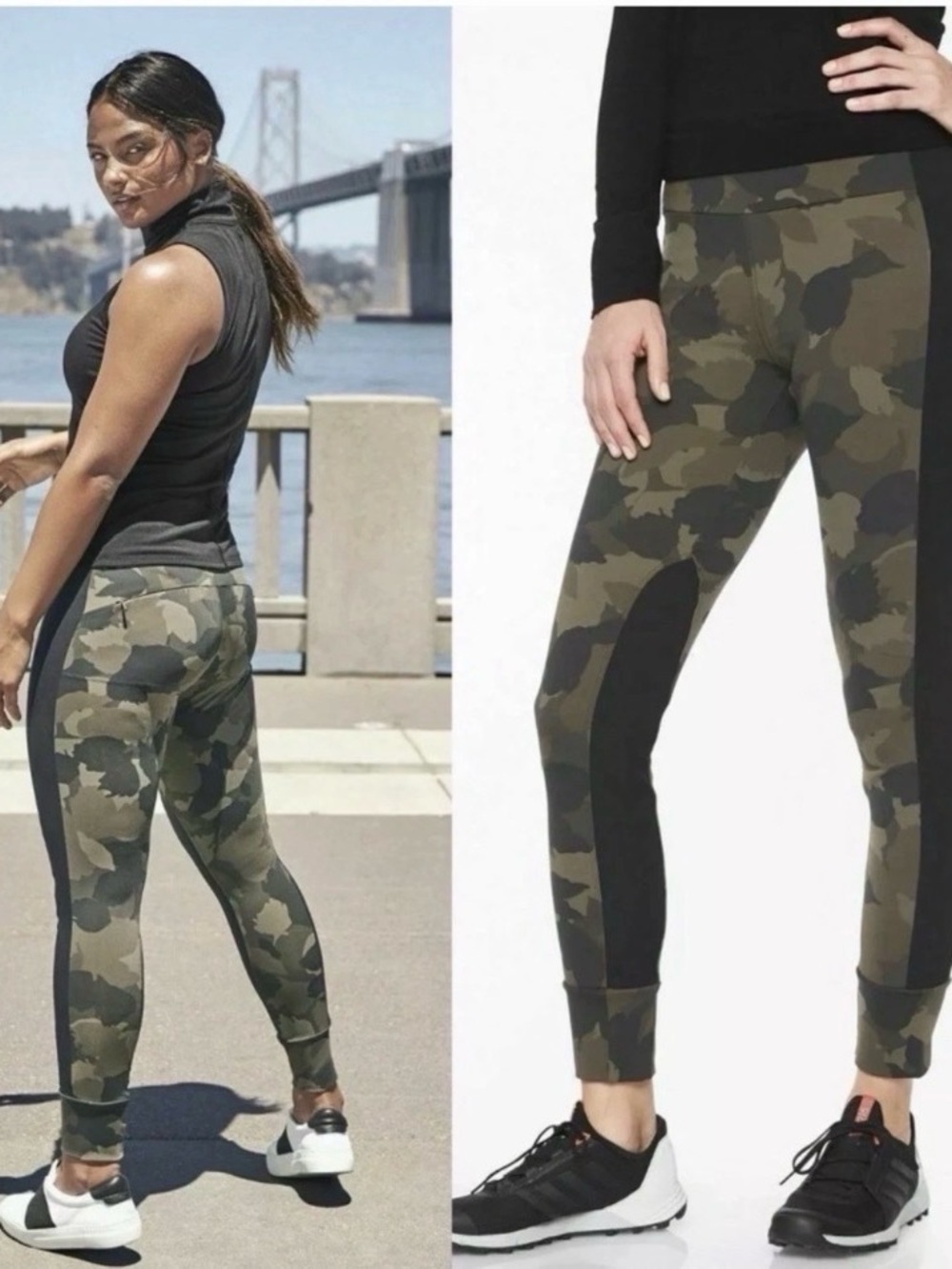 Athleta Essex Camo Hybrid Tight Green & Black Full Length Legging UPF 50 EUC XXS
